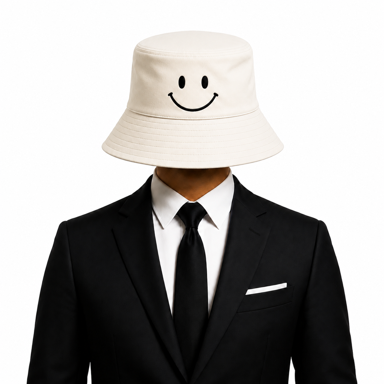 Bildy wearing an ivory smiley bucket hat and a black suit